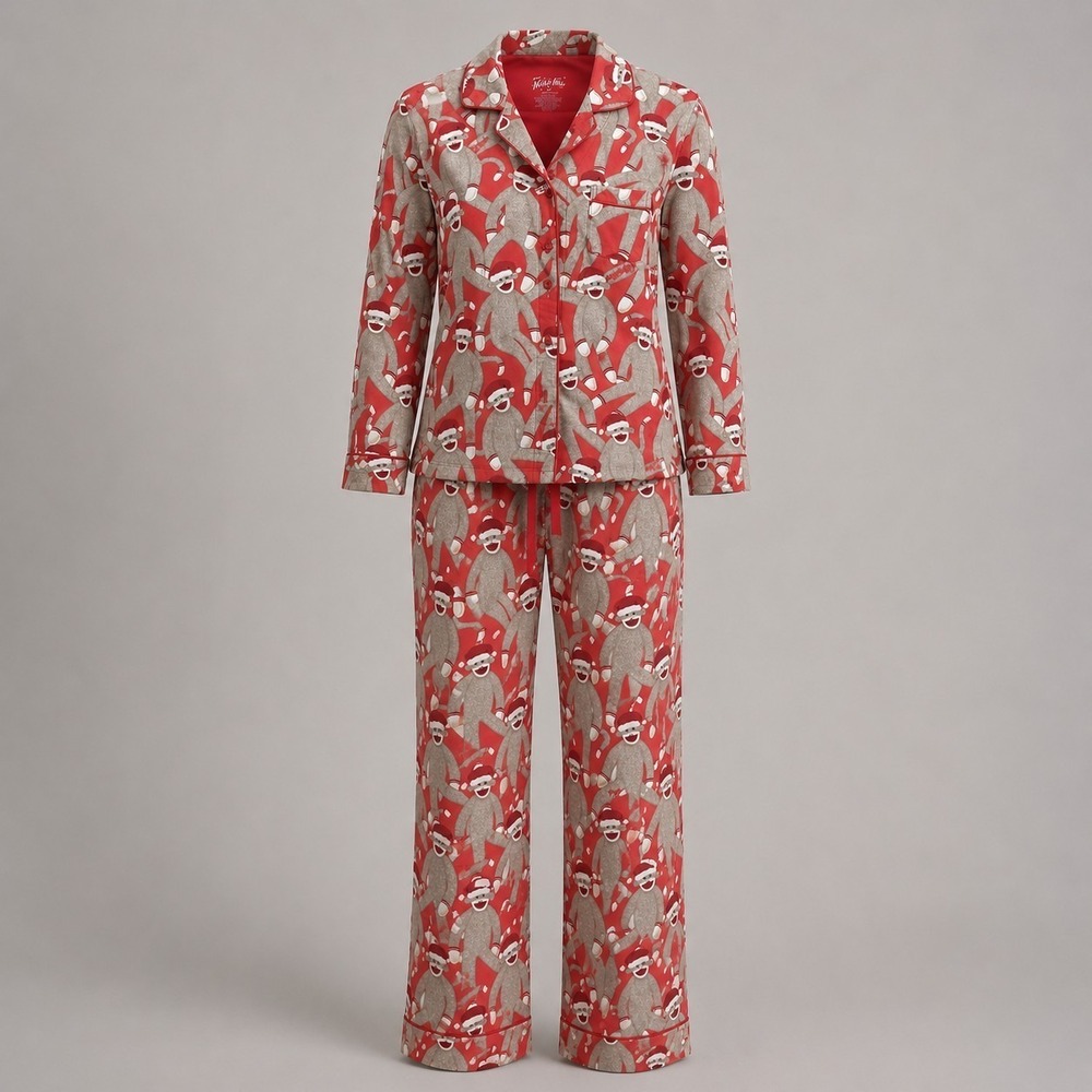 VTG Nick & Nora Sock Monkey Flannel Pajama Set Womens Small Red Cotton Sleepwear